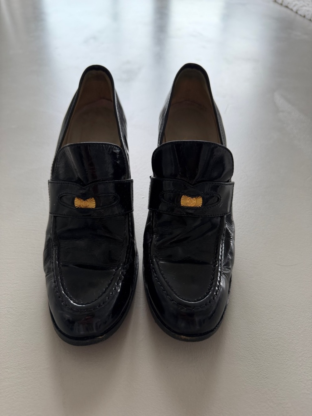 CHANEL Vintage Black Patent Leather Loafers with Gold CC coin detail